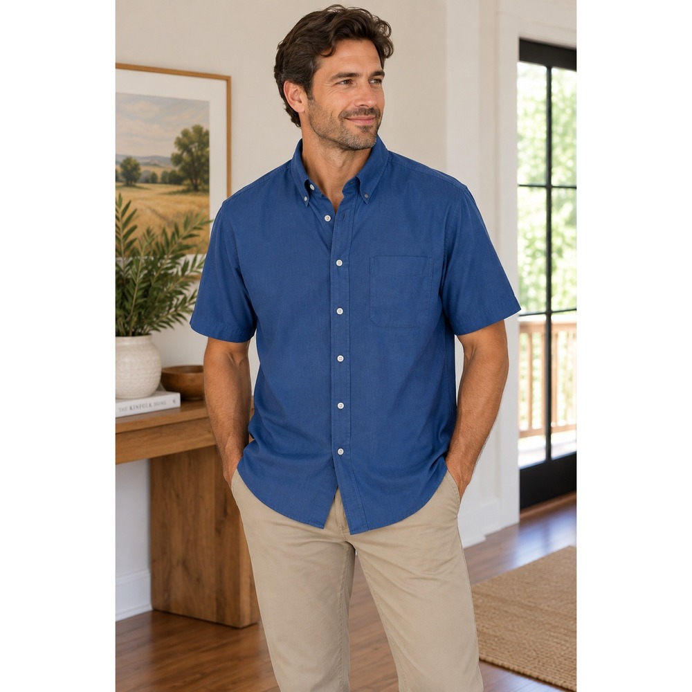 St Johns Bay Worry Free Mens Blue Short Sleeve Button Down Shirt Cotton L